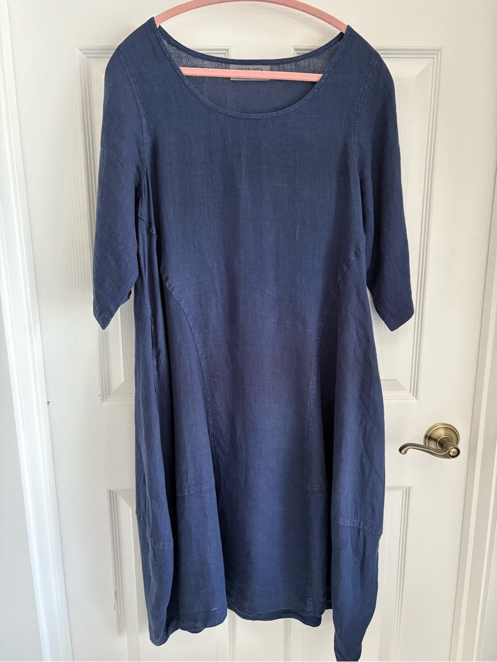 Eleven Stitch Navy Midi Linen Dress with Scoop Neck